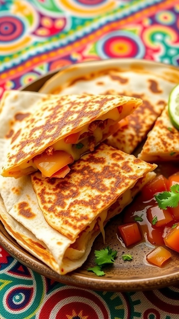Golden-brown quesadilla with melted cheese, served with salsa and cilantro on a rustic plate.